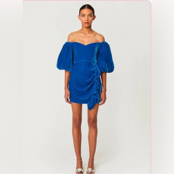 RHODE Adrian Velvet Mini Dress Size 6 NWT Blue Off Shoulder Puff Sleeve $545 - Picture 1 of 10